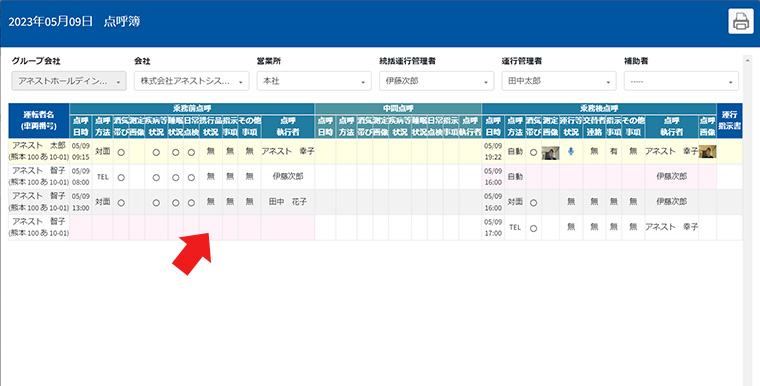 BSSの対面点呼機能は点呼記録漏れがあると視覚的に分かるよう赤色で表示します